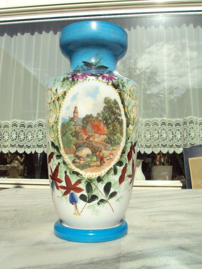 Vintage Blauwe Glas Vaas, handgeschilderd, heel mooi  40 cm, Antiek en Kunst, Ophalen of Verzenden