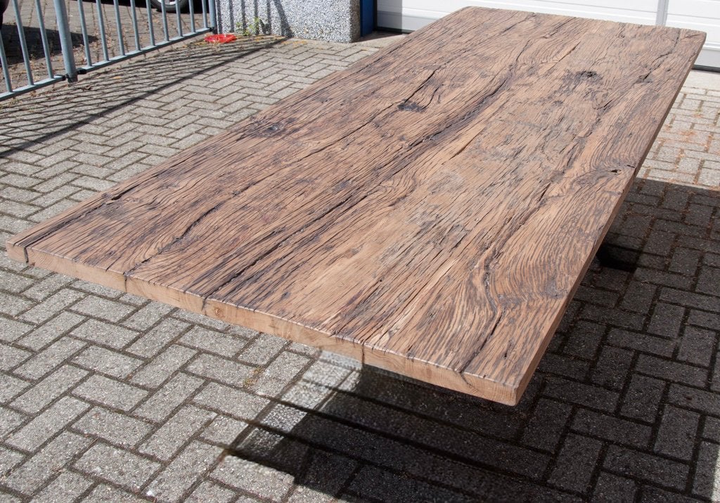 Robuuste eettafel wagonplanken blad met stalen spinpoot, Huis en Inrichting, Ophalen, 200 cm of meer, 50 tot 100 cm, Vijf personen of meer