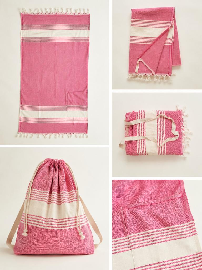 Turkse Peshtemal Strandlaken met Ingebouwde Tas - Fuchia/Wit, Kleding | Dames, Ophalen of Verzenden, Nieuw, Roze, Overige typen