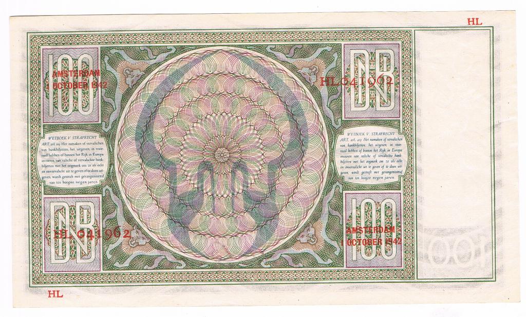 100 gulden 1 oktober 1942 Luitspelende vrouw UNC min, Postzegels en Munten, Bankbiljetten | Nederland, Ophalen of Verzenden, 100 gulden