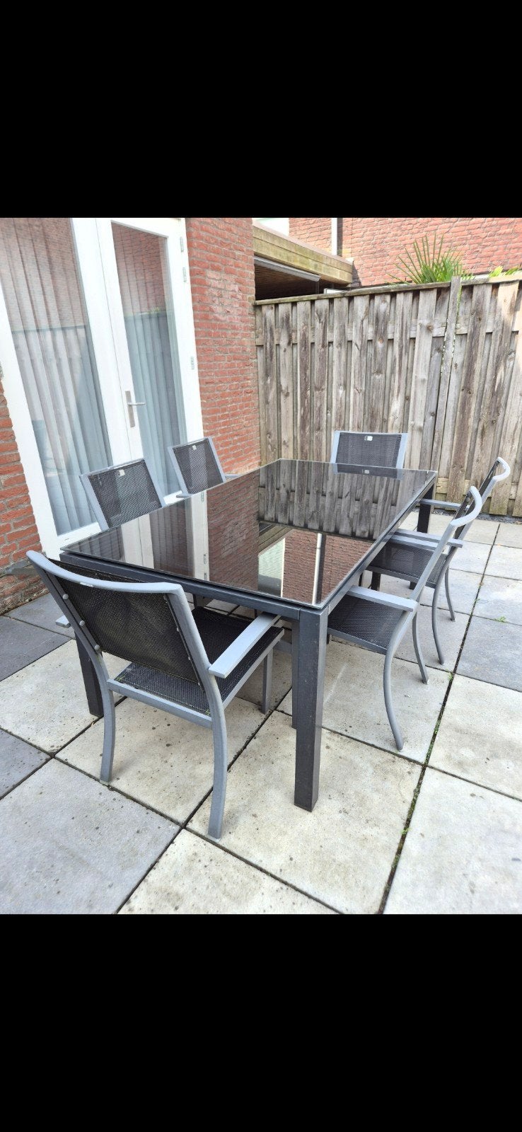 Moderne tuinset met glazen tafel en 6 stoelen, Tuin en Terras, Tuinsets en Loungesets, Ophalen, Gebruikt, 6 zitplaatsen, Aluminium