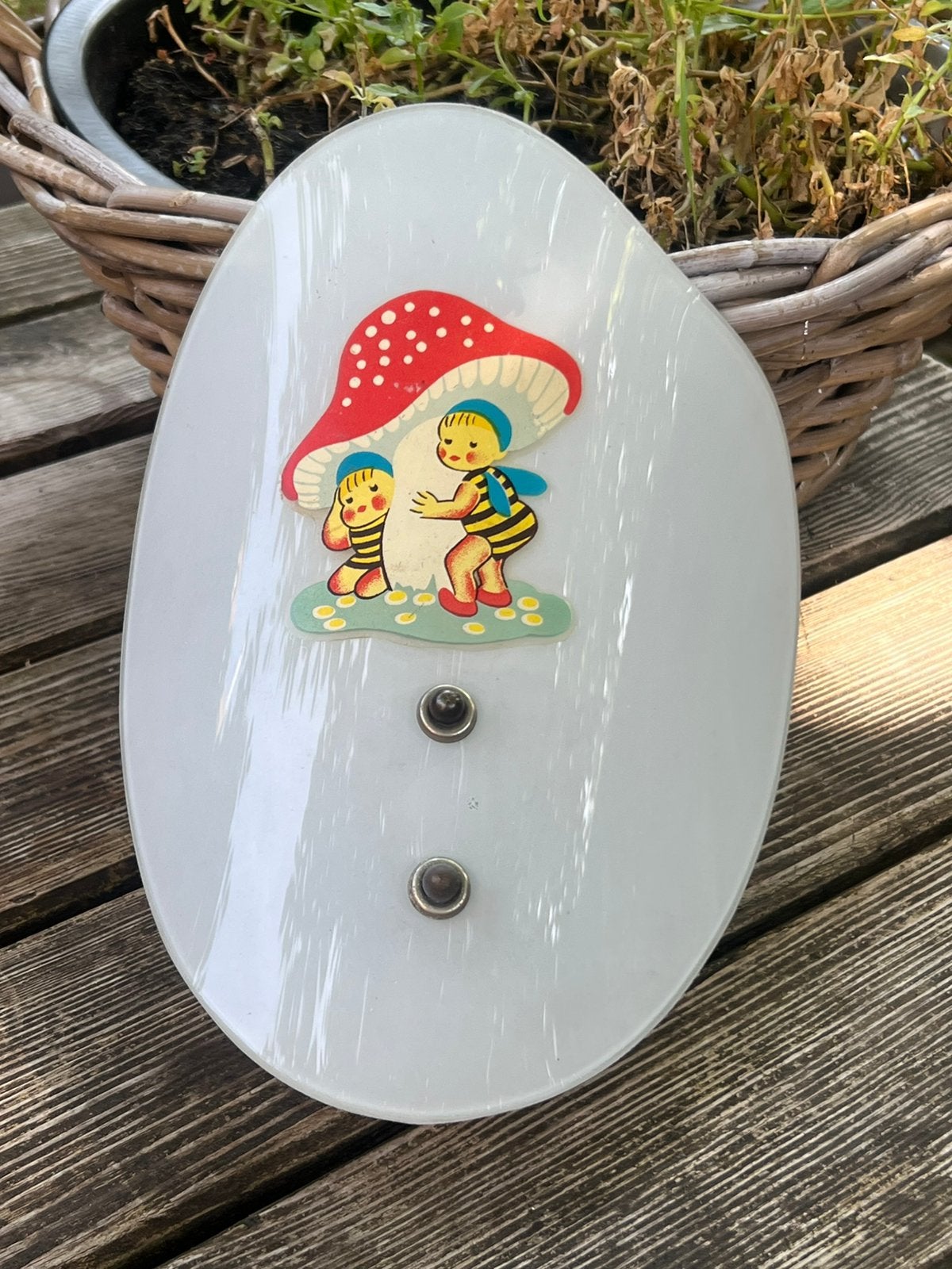 Vintage kinderkamer wandlampje paddestoel/bijtjes 17x25 glas, Gebruikt, Overige merken, Ophalen of Verzenden, Wit