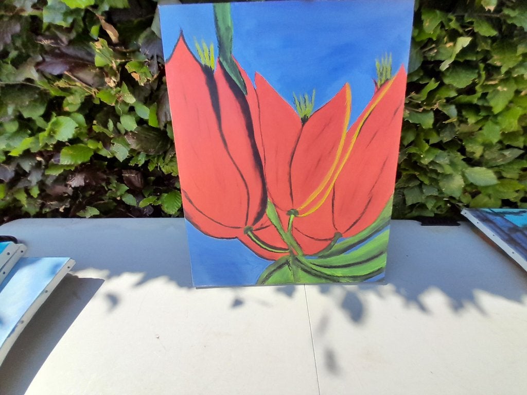 hand geschilderde bloemen op canvas a vd kamp, Ophalen of Verzenden, Gebruikt, Minder dan 50 cm, Schilderij