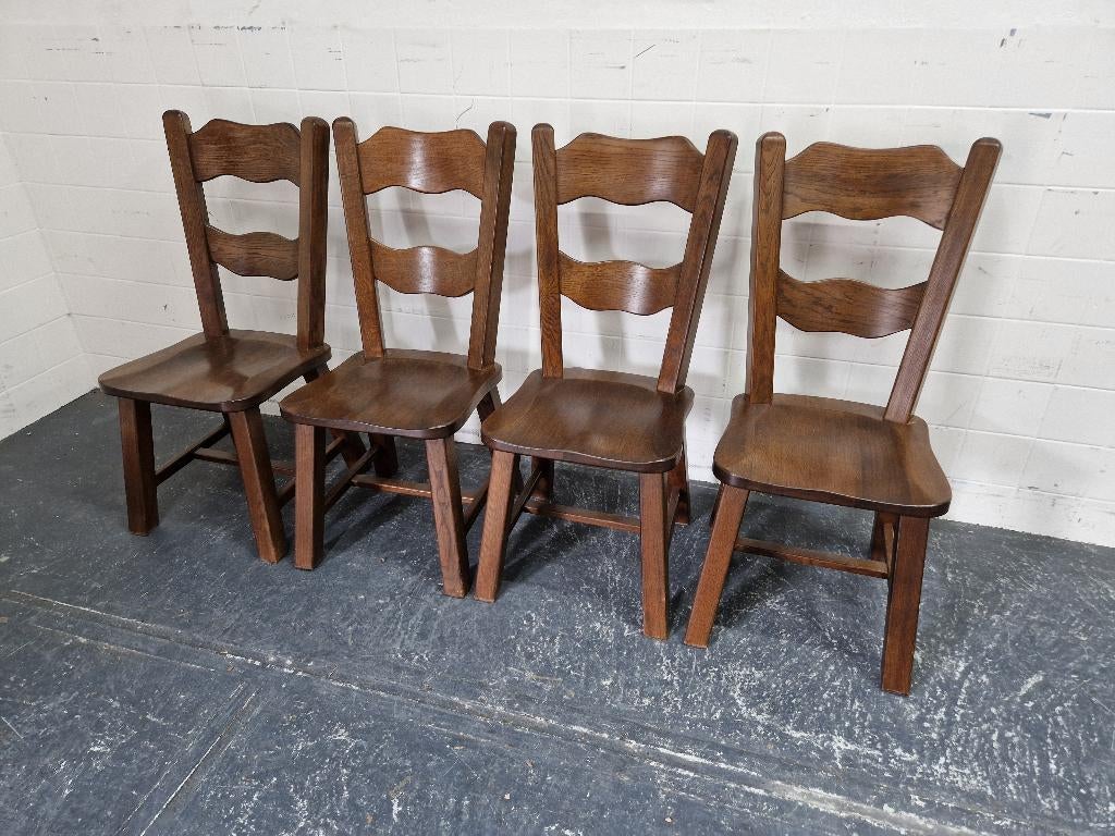 4 Massief donker eiken stoelen / eetkamerstoelen, Ophalen, Gebruikt, Bruin, Vier