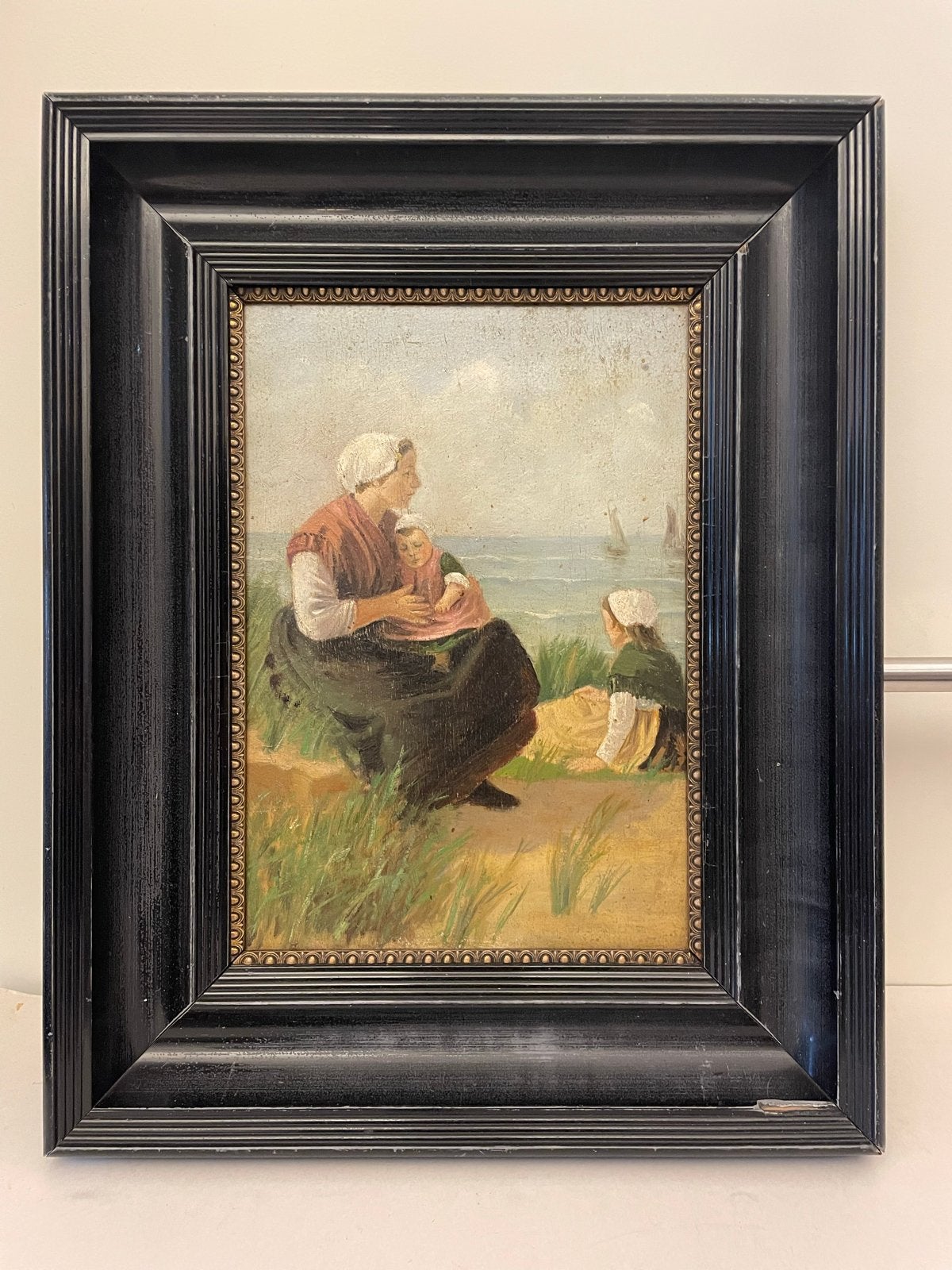 Moeder en kind in de duinen - Olieverfschilderij, Paneel, Portret of Personen, Realistisch, Ophalen of Verzenden