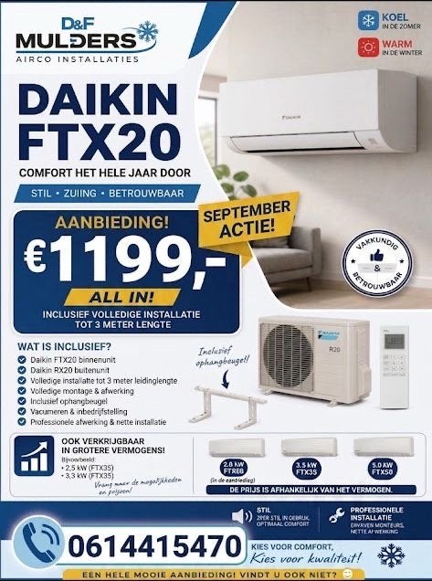 Daikin FTX20 Airco - Comfort het hele jaar door, Witgoed en Apparatuur, Airco's, Minder dan 60 m³, Nieuw, 3 snelheden of meer