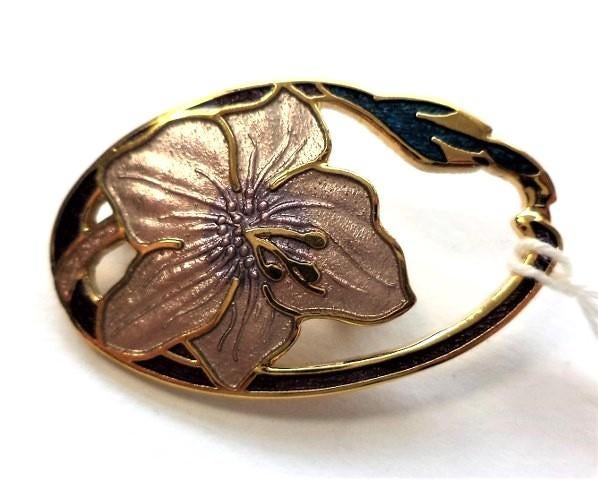 FISH cloisonné emaille broche beige orchidee, 22kt verguld, Ophalen, Zo goed als nieuw, Beige, Overige materialen