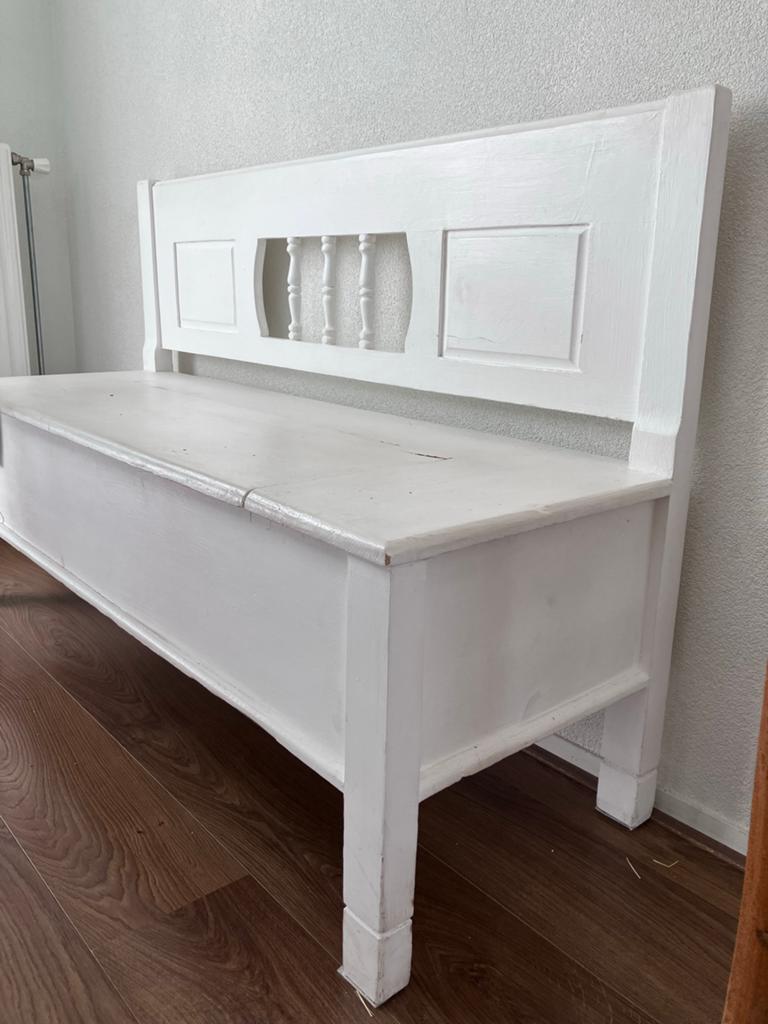Witte houten klepbank met opbergruimte, Ophalen