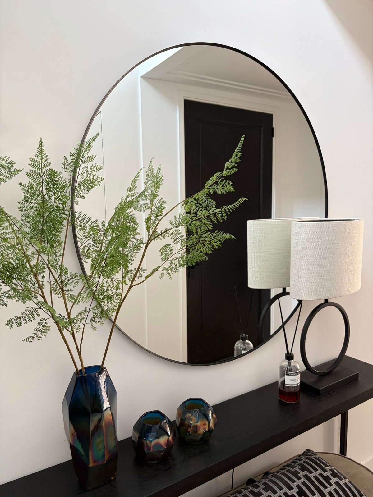 Grote ronde zwarte IKEA spiegel (110 cm), Ophalen, 100 tot 150 cm, Rond, Zo goed als nieuw