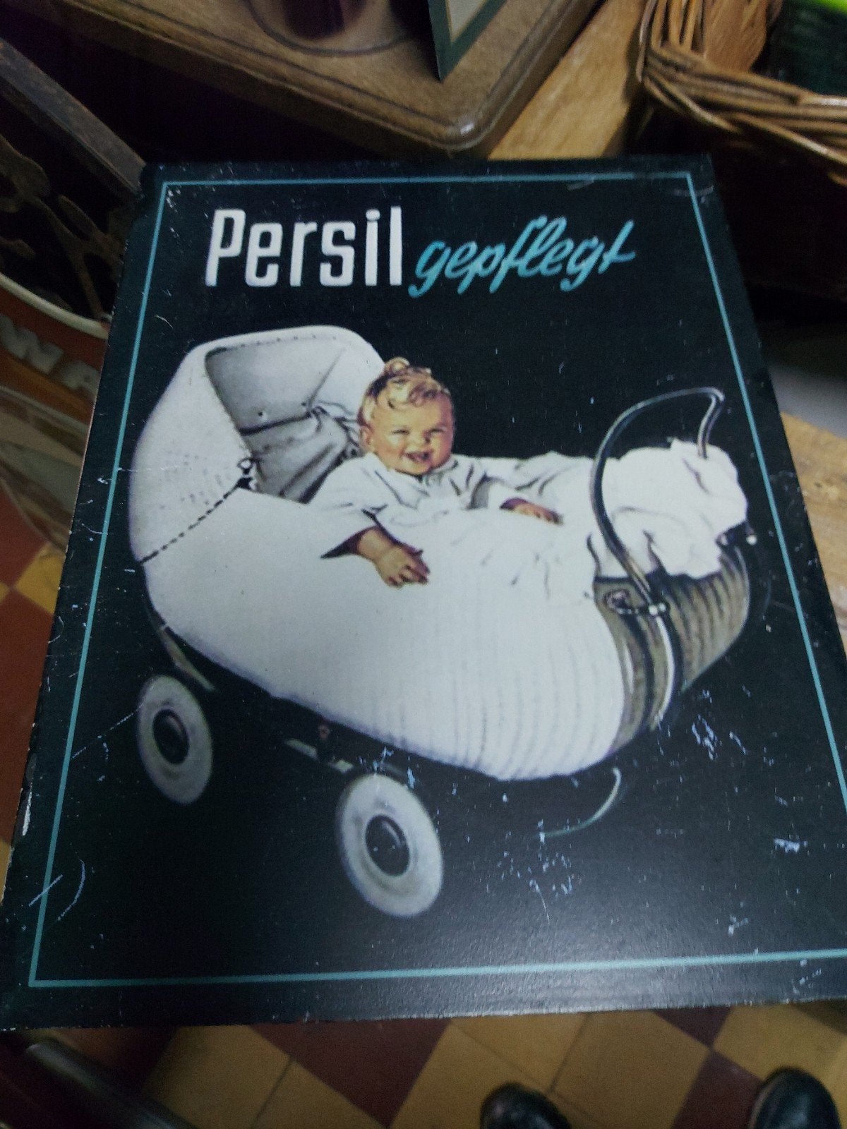 Vintage Persil 'gepflegt' reclamebord - Baby in kinderwagen, Ophalen of Verzenden