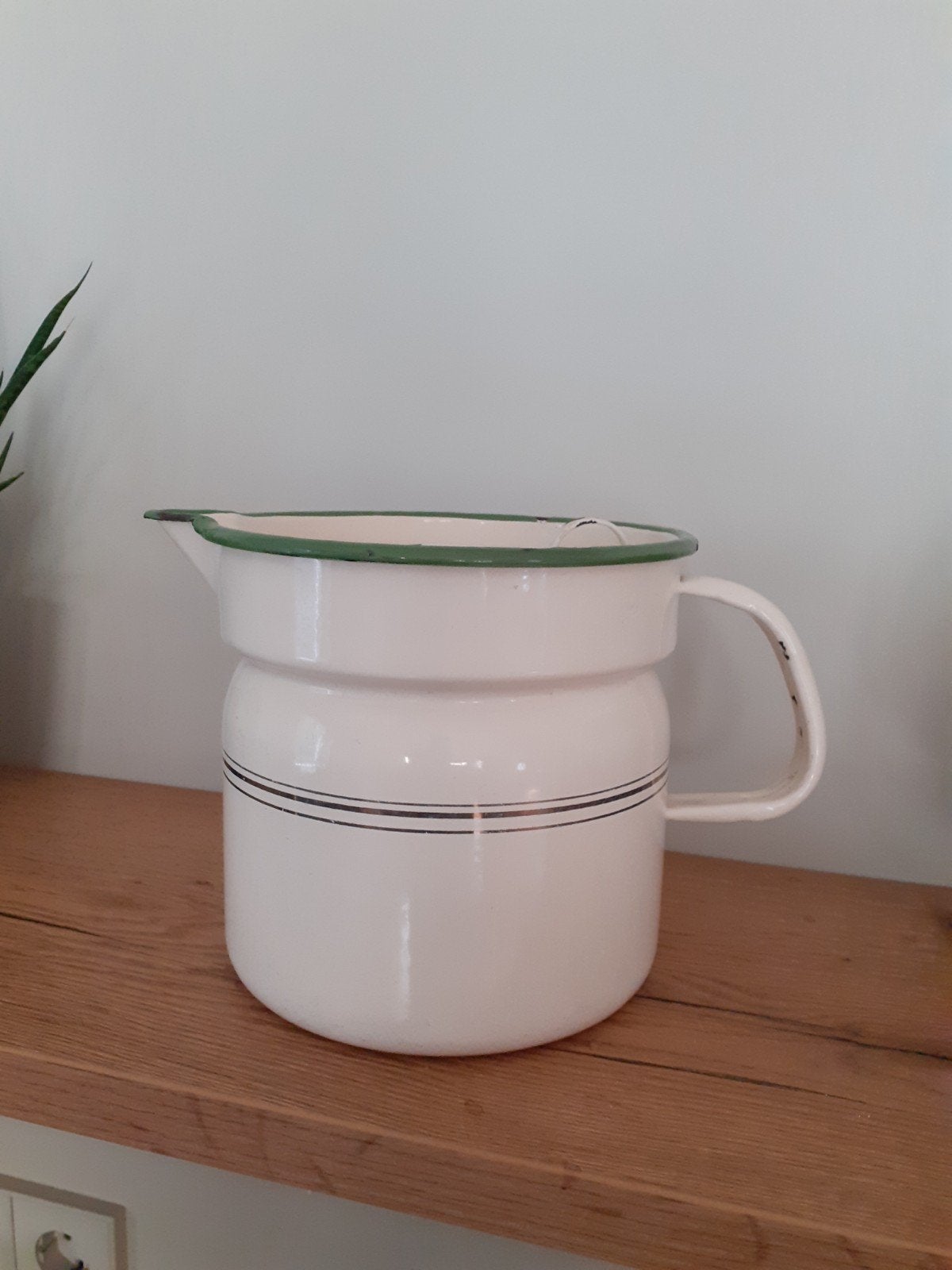 Vintage geëmailleerde kan met deksel - Wit/Groen, Ophalen of Verzenden