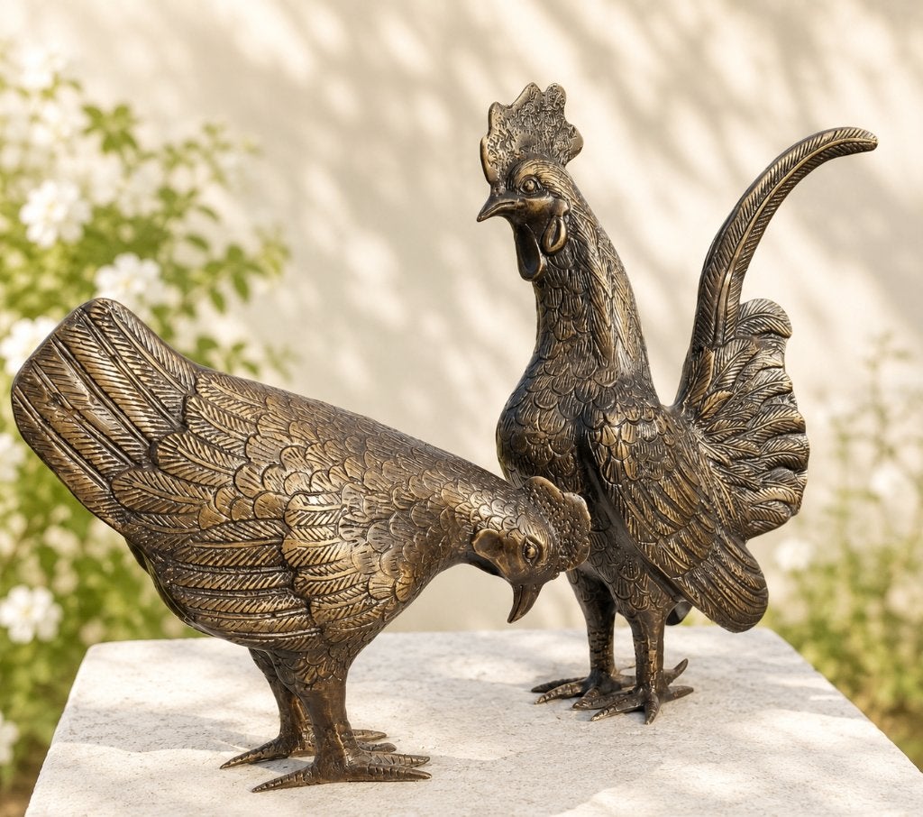 HAAN MET HEN / brons / tuinbeeld/ kippen, Dierenbeeld, Nieuw, Info@huisentuindecoratiemarie.nl, Huis en tuin decoratie marie