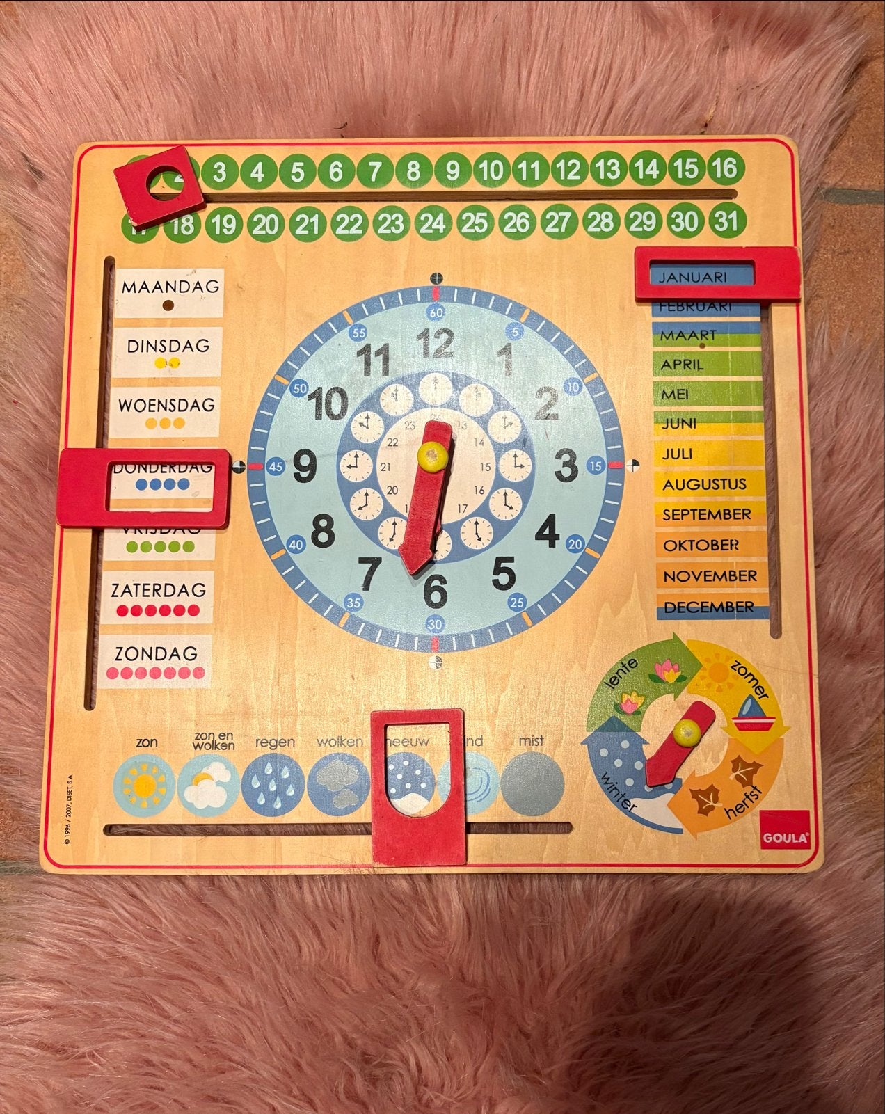 Goula Houten Kalenderklok - Leer Tijd, Dagen, Maanden, Kinderen en Baby's, Ophalen of Verzenden, Gebruikt, Taal en Lezen