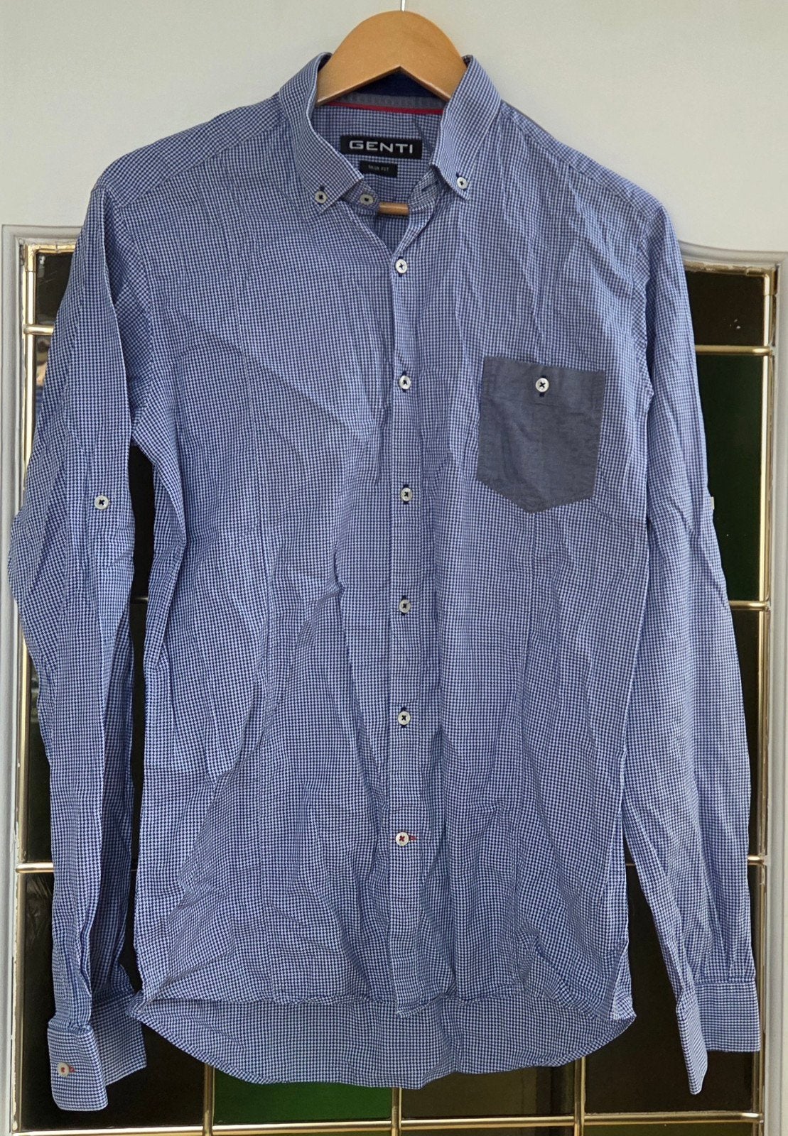 GENTI Skin Fit overhemd blauw/wit patroon - Maat M, Kleding | Heren, Blauw, Nieuw, GENTI, Halswijdte 39/40 (M)