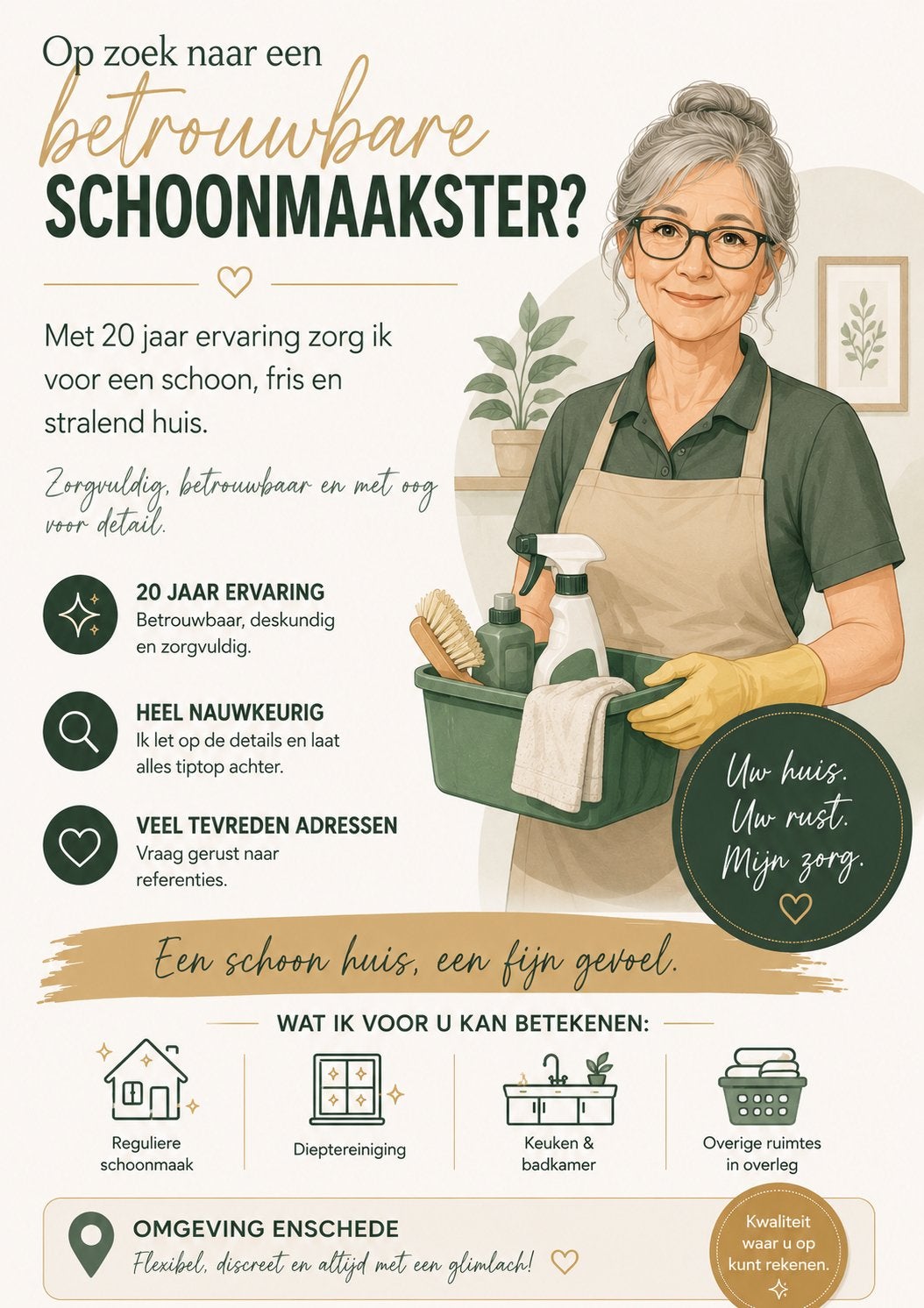 Schoonmaakster gezocht/aangeboden omgeving Enschede, 33 - 40 uur, MBO, Vanaf 5 jaar, Tijdelijk contract