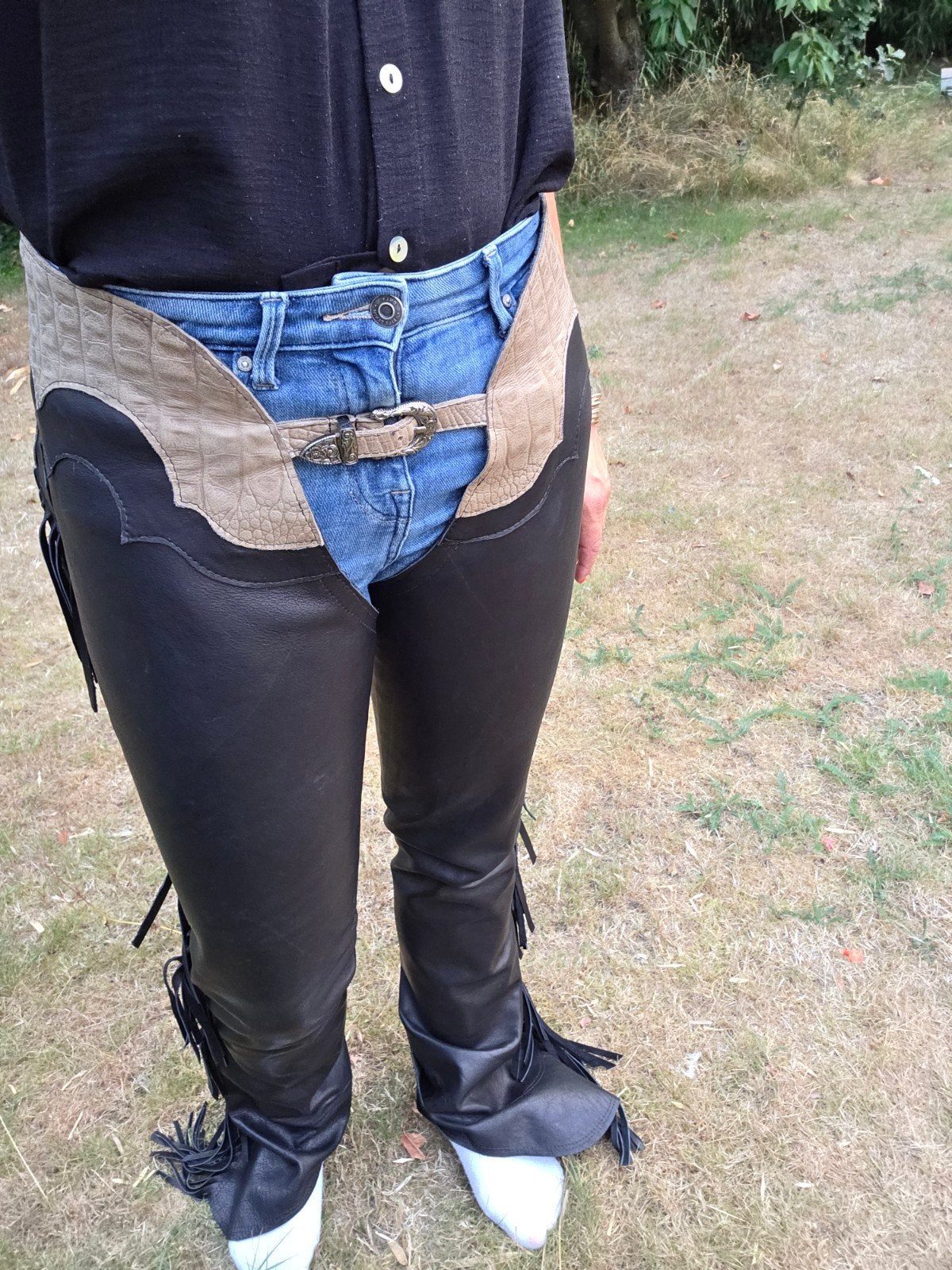 Custom made leren wesstern chaps - Zo goed als nieuw, Overige typen, Ophalen of Verzenden, Zo goed als nieuw, Dames