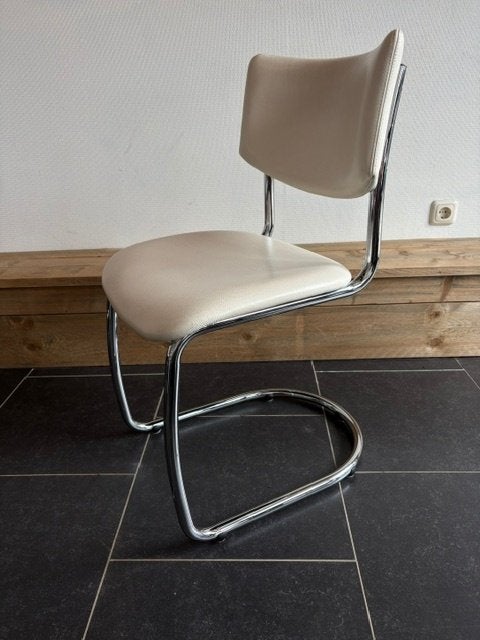 6 Dutch Originals Gispen GT1001, chroom , roomwit leder, Wit, Design, Zo goed als nieuw, Vijf, Zes of meer stoelen