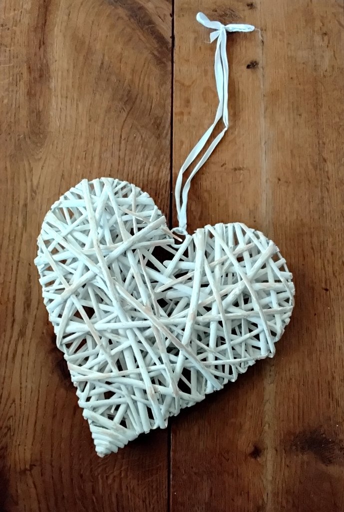 Groot rieten hart met sleetse uitstraling - shabby - 29 cm, Ophalen of Verzenden