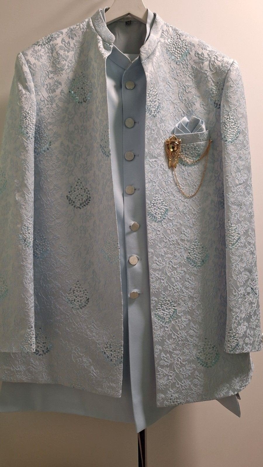 Elegante Lichtblauwe Sherwani Set met Borduurwerk, Ophalen of Verzenden