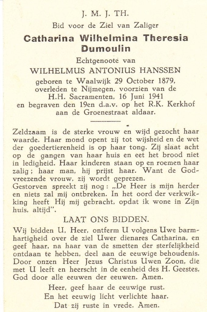 Waalwijk 1879 Nijmegen 1941 Catharina Dumoulin, Verzamelen, Bidprentjes en Rouwkaarten, Ophalen of Verzenden, Bidprentje