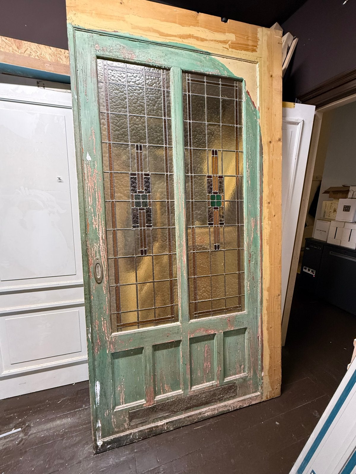 Antieke Binnendeur met Glas-in-lood Panelen, Gebruikt, 80 tot 100 cm, Binnendeur, Ophalen of Verzenden