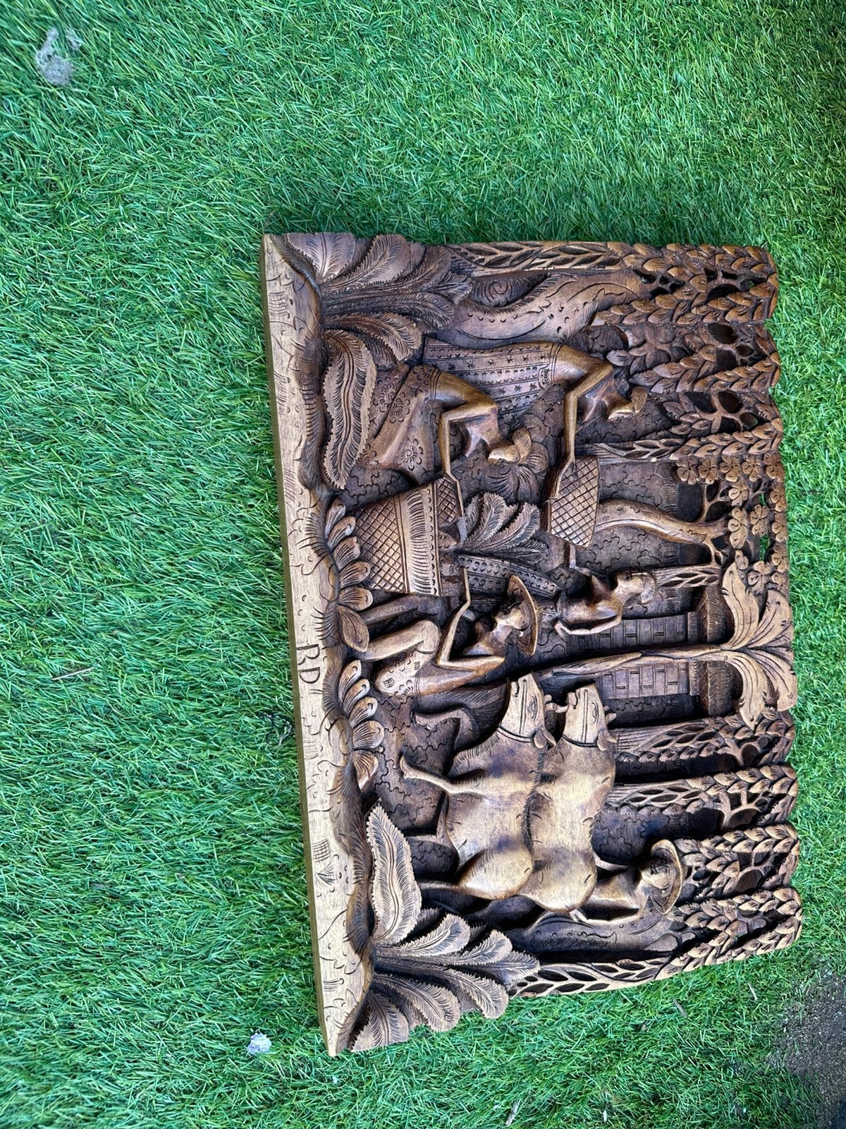3D-gesneden houten paneelsculptuur uit Bali in reliëf, Huis en Inrichting, Gebruikt, Oosters, 33 cm, Hout
