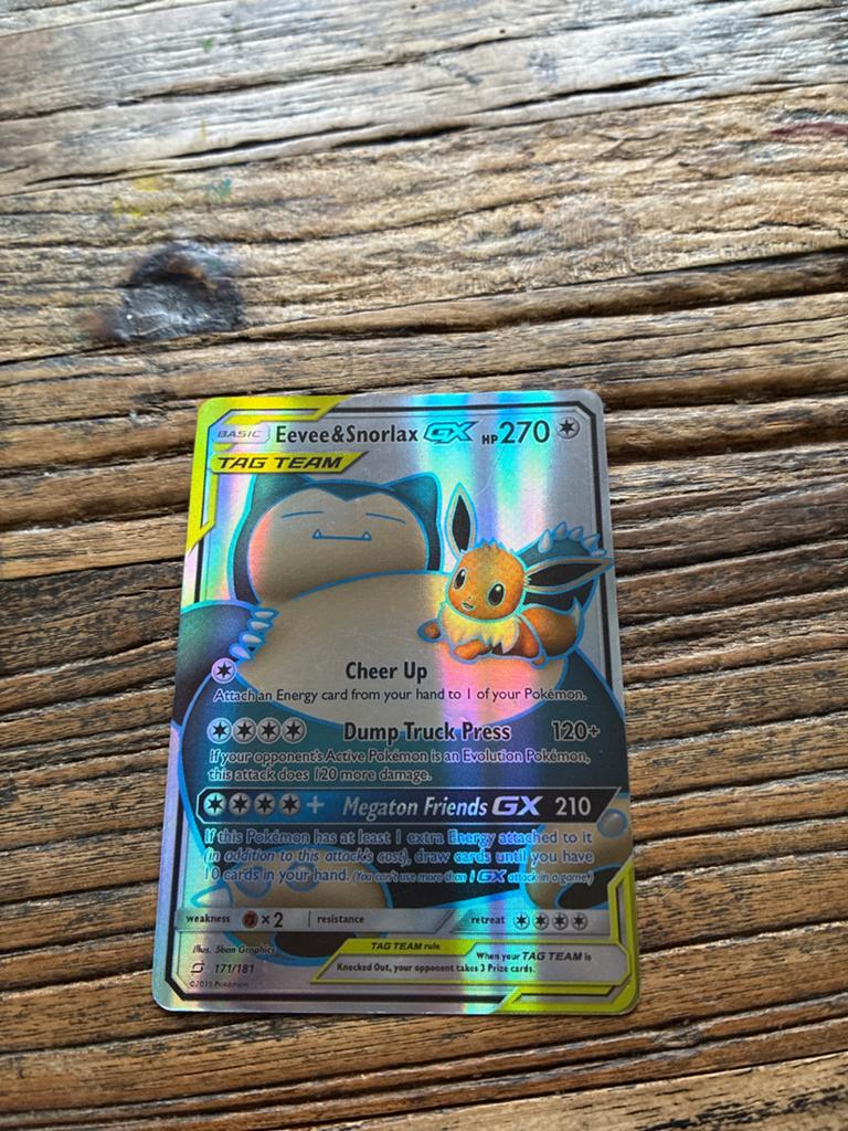 Eevee & snorlax gx pokemon kaart 171/181, Ophalen of Verzenden, Zo goed als nieuw, Losse kaart