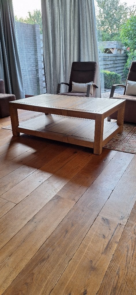 Prachtige Robuuste Houten Salontafel (142 x 90 x 50 cm), Ophalen, Gebruikt, 100 tot 150 cm, 50 tot 100 cm