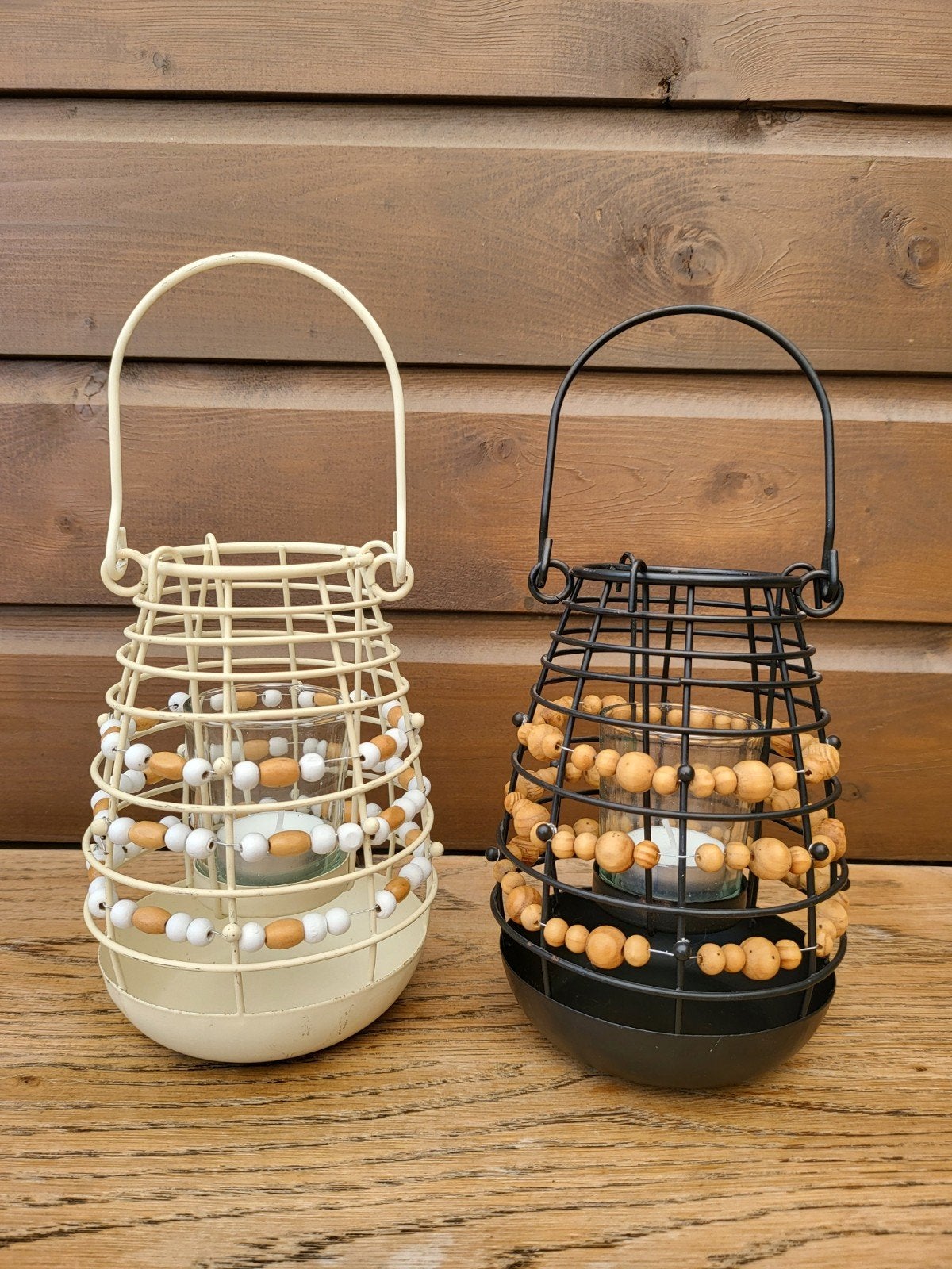 Set van 2 metalen windlichten met houten kralen, Ophalen, Windlicht, Gebruikt, Metaal
