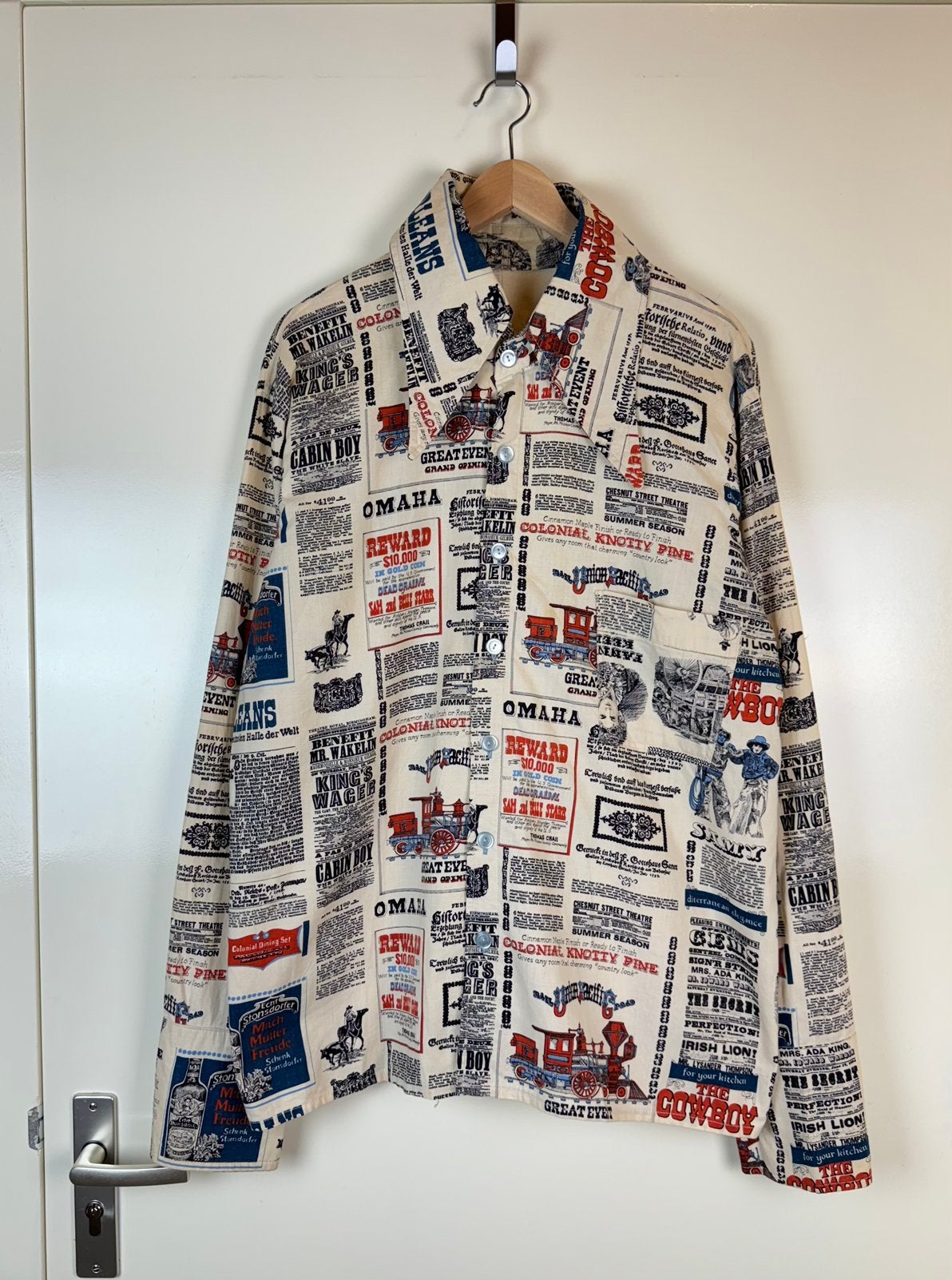Vintage Newspaper Western Shirt y2k Cotton Japanese Style XL, Ophalen of Verzenden, Zo goed als nieuw, Overige kleuren, Halswijdte 43/44 (XL)