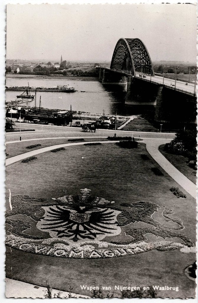 Nijmegen – Wapen van Nijmegen met Waalbrug., Verzamelen, Ophalen of Verzenden, 1940 tot 1960, Gelopen, Gelderland