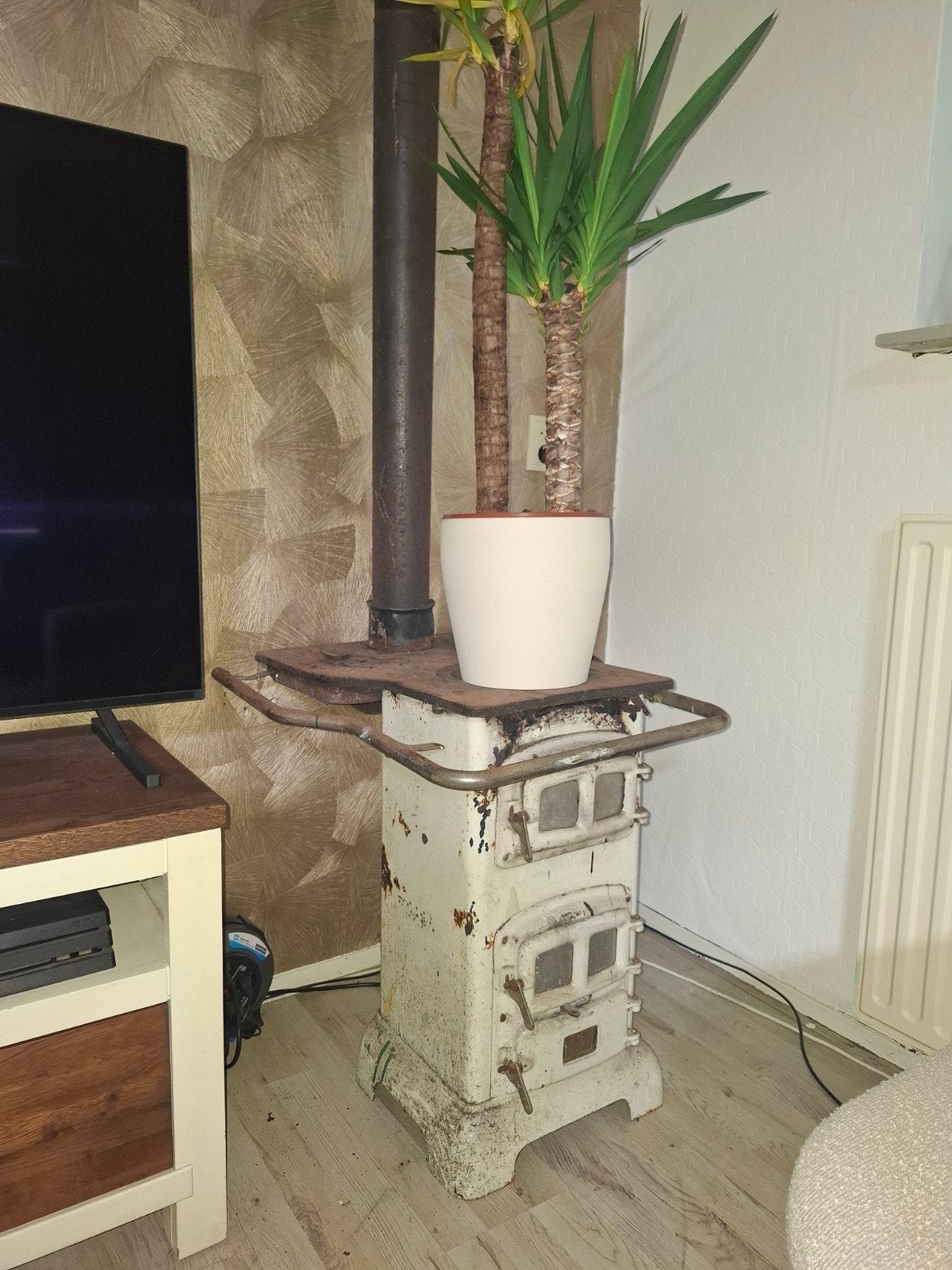 Brocante kachel met pijp - Decoratieve houtkachel, Ophalen, Gebruikt, Houtkachel, Vrijstaand