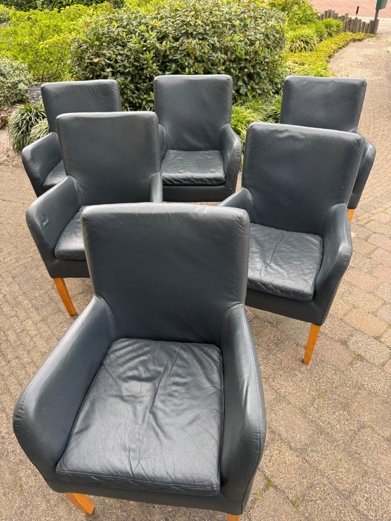 6 eetkamerstoelen, Huis en Inrichting, Ophalen, Gebruikt, Blauw, Leer