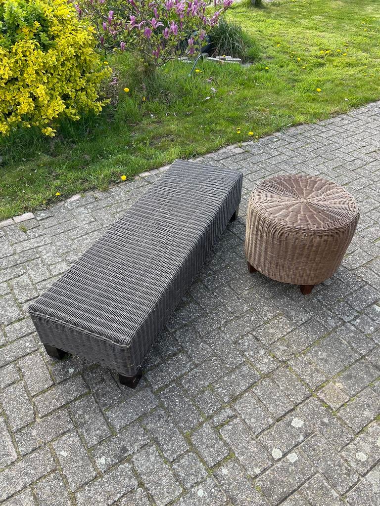 Rotan lage tafel en krukje - Set voor binnen/buiten, Tuin en Terras, Tuintafels, Ophalen of Verzenden, Gebruikt, Rechthoekig, Overige materialen