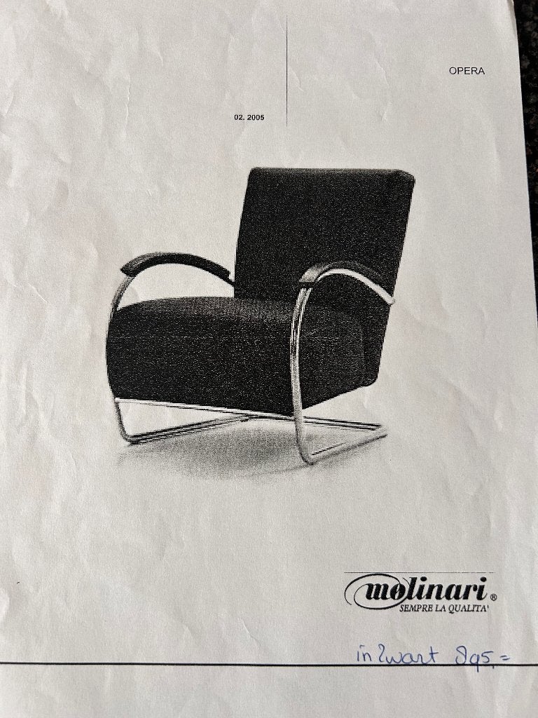 Molinari Opera fauteuil - Zwart leer met chroom, Ophalen, Gebruikt, Modern, Design, Klassiek, 75 tot 100 cm