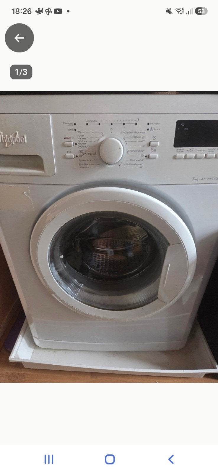Whirlpool wasmachine 7kg A+++ 1400 toeren, Ophalen, 6 tot 8 kg, Gebruikt, 85 tot 90 cm