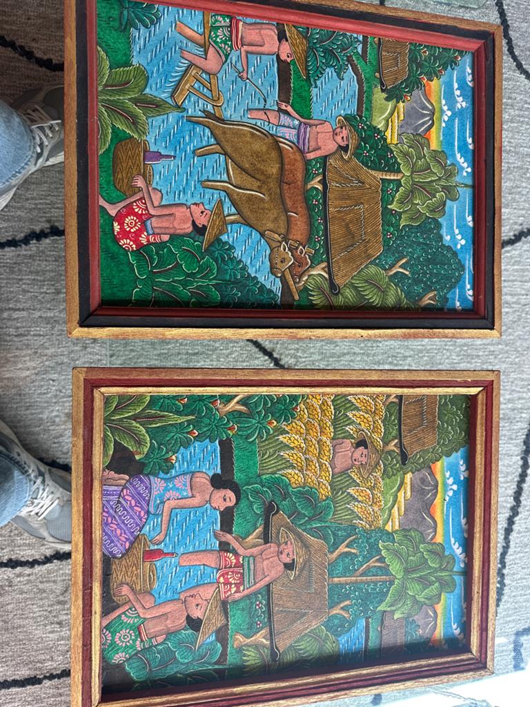 Set van 2 schilderijen Balinese houtsnijwerken, Antiek en Kunst, Kunst | Schilderijen | Klassiek, Ophalen of Verzenden