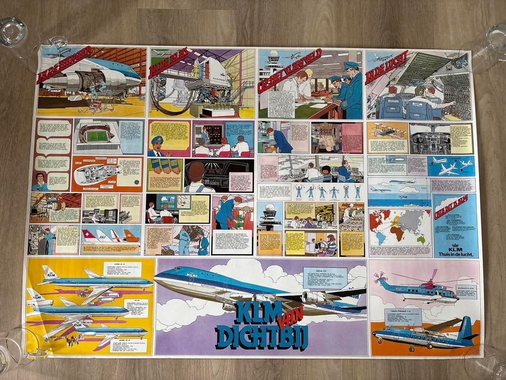 Zeldzame KLM 'Van Dichtbij' poster met diverse vliegtuigen, Ophalen of Verzenden, Zo goed als nieuw, Kaart, Foto of Prent