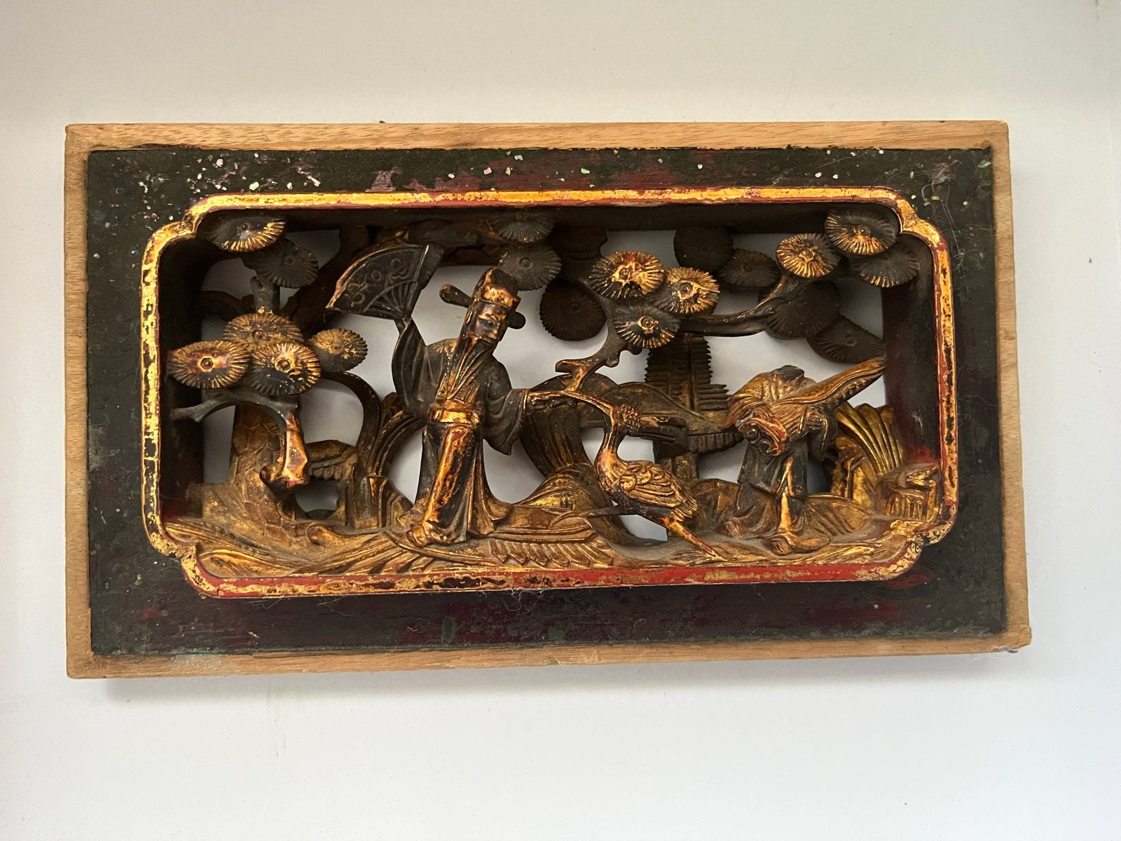 Antiek Chinees Houtsnijwerk - Wanddecoratie, Antiek en Kunst, Kunst | Niet-Westerse kunst, Hout, Goud, Ophalen of Verzenden, China