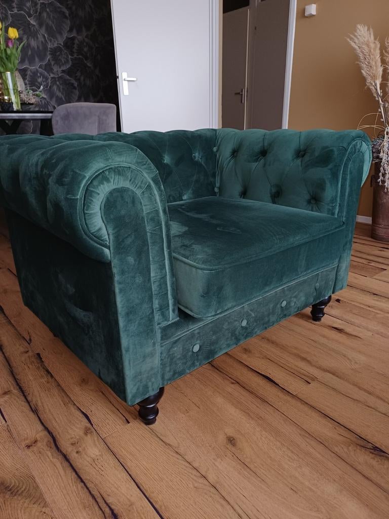 Chesterfield fauteuil groen, Ophalen, Zo goed als nieuw, Stof