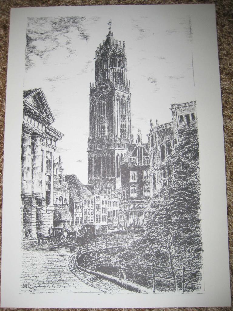 Ets Domtoren Utrecht gereproduceerd, Antiek en Kunst, Verzenden, 31 cm, 20 cm, Architectuur