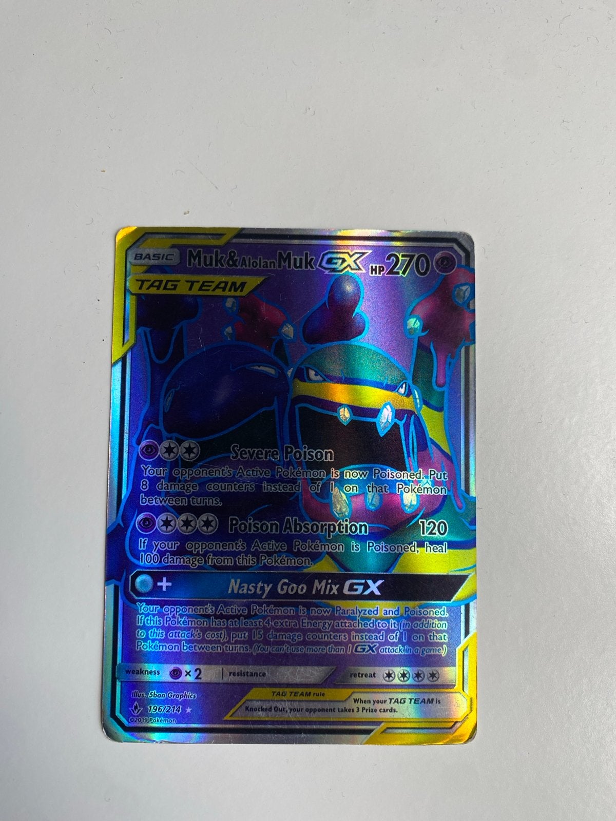 Muk & Alolan Muk GX Pokémon Kaart - Tag Team, Hobby en Vrije tijd, Ophalen of Verzenden, Gebruikt, Losse kaart, Foil
