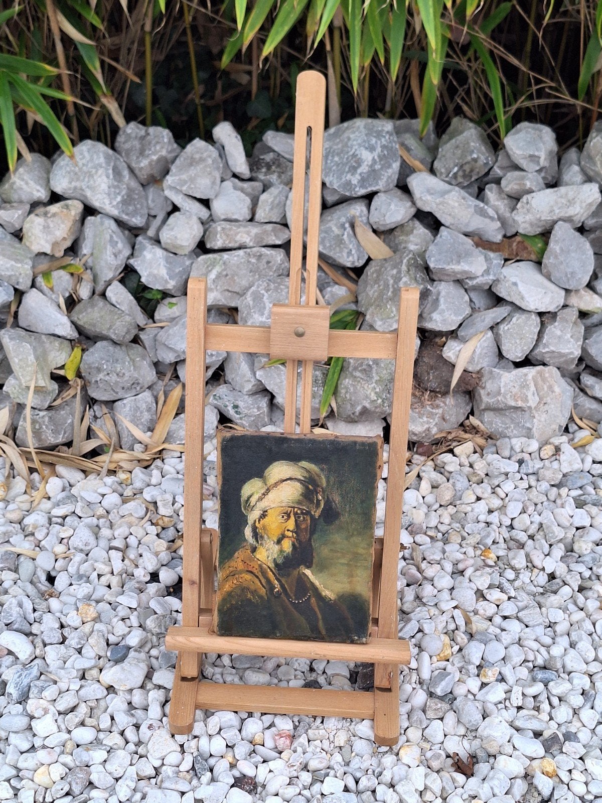 Antieke Replica Rembrandt: Man in Oosterse Kledij, Doek, Portret of Personen, Ophalen of Verzenden, Handgeschilderd