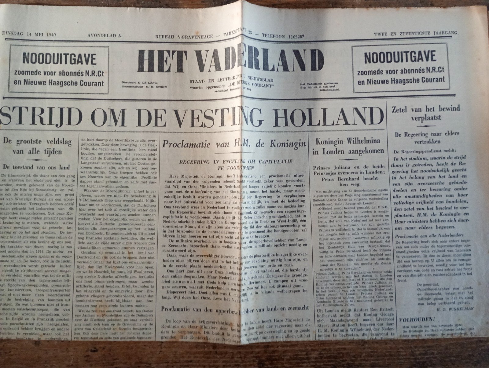 Nooduitgave Het Vaderland - 14 mei 1940, ., Overige soorten, Ophalen of Verzenden, .