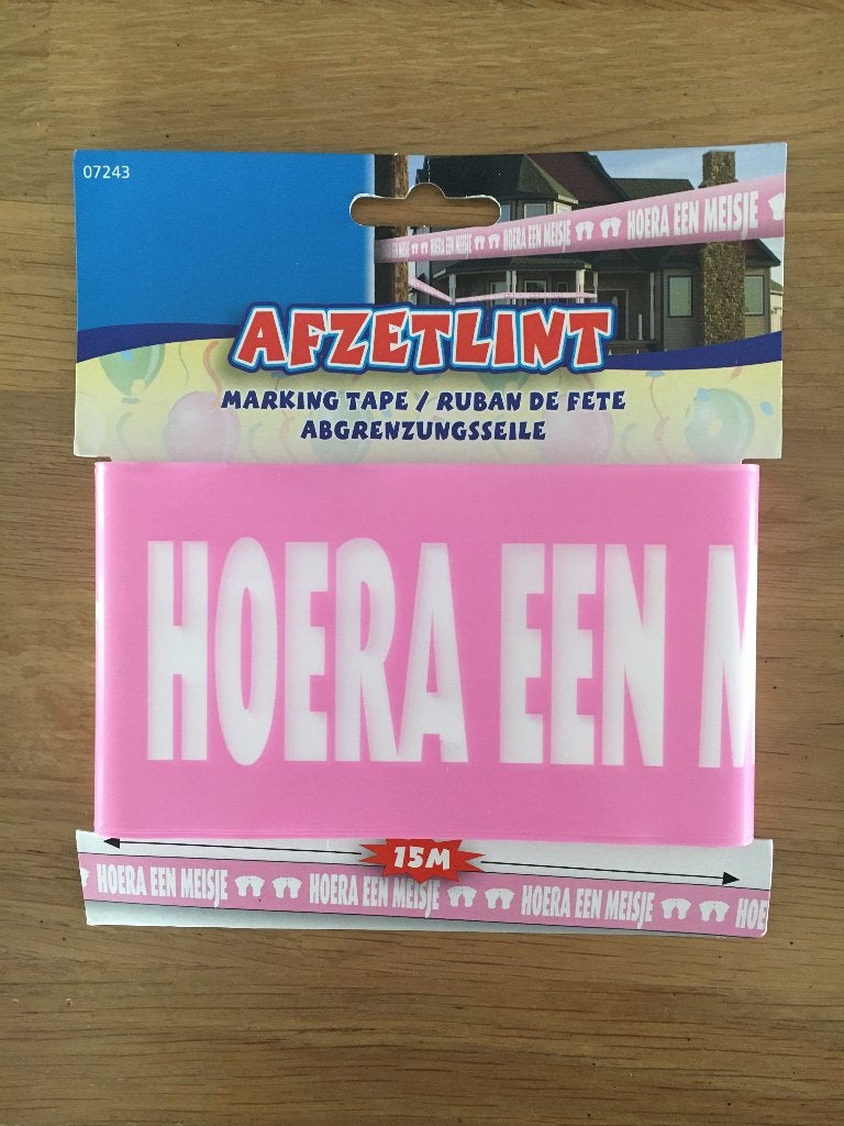 Afzetlint Hoera een meisje - 15 m | geboorte - babyshower, Hobby en Vrije tijd, Feestartikelen, Ophalen of Verzenden, Nieuw, Versiering