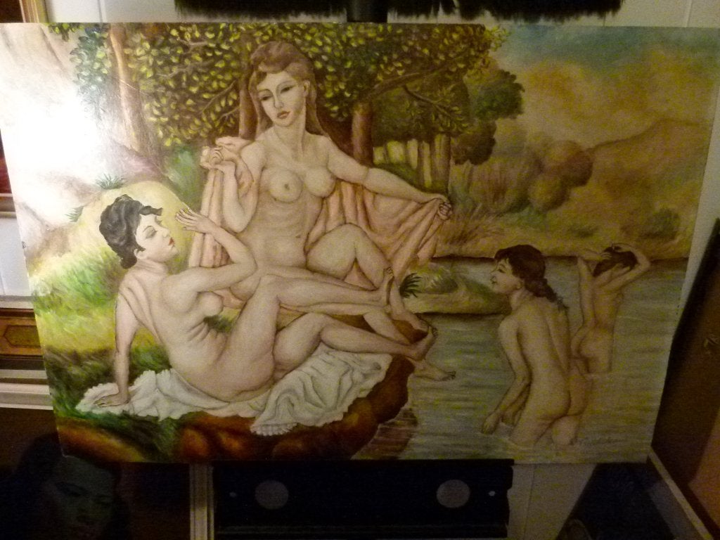 vintage schilderij naar Renoir Les Grandes Baigneuses, Ophalen, Paneel, Portret of Personen, Gesigneerd