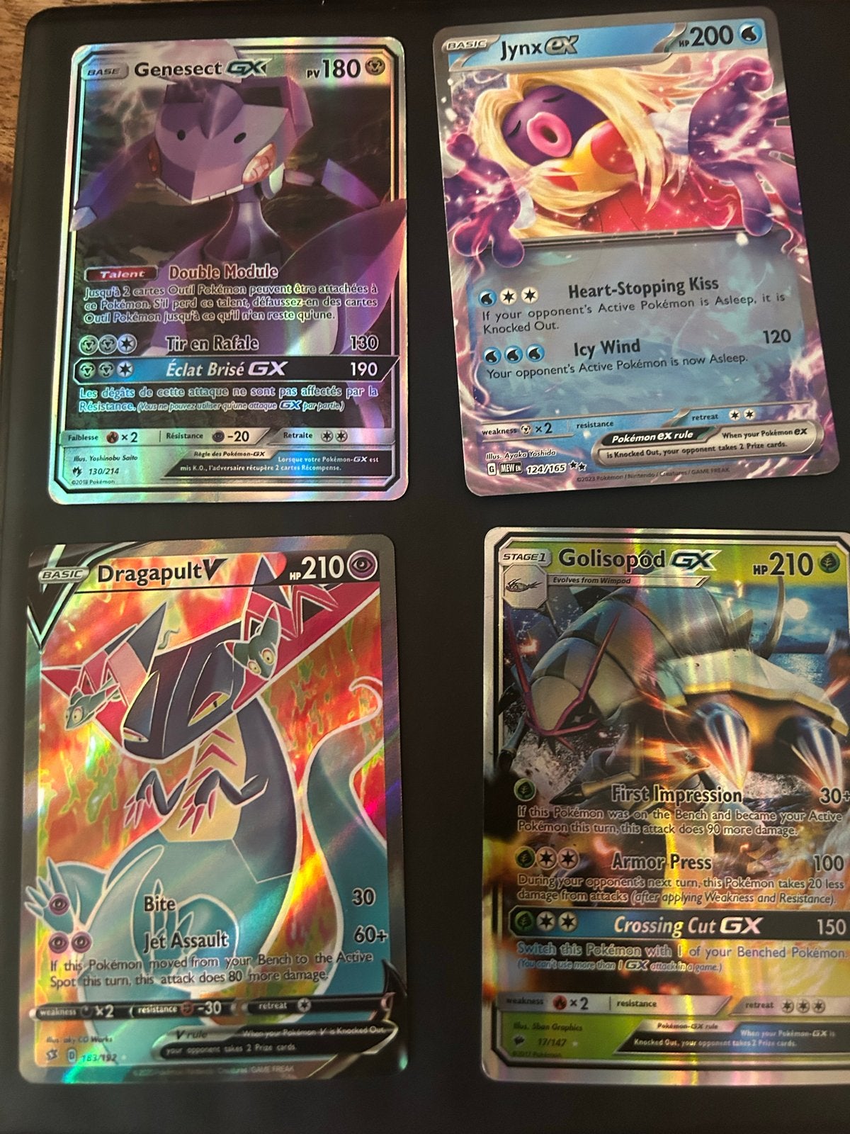 4 Pokémon GX/V kaarten - Genesect, Jynx, Dragapult, Golisopo, Ophalen of Verzenden, Gebruikt, Meerdere kaarten, Foil