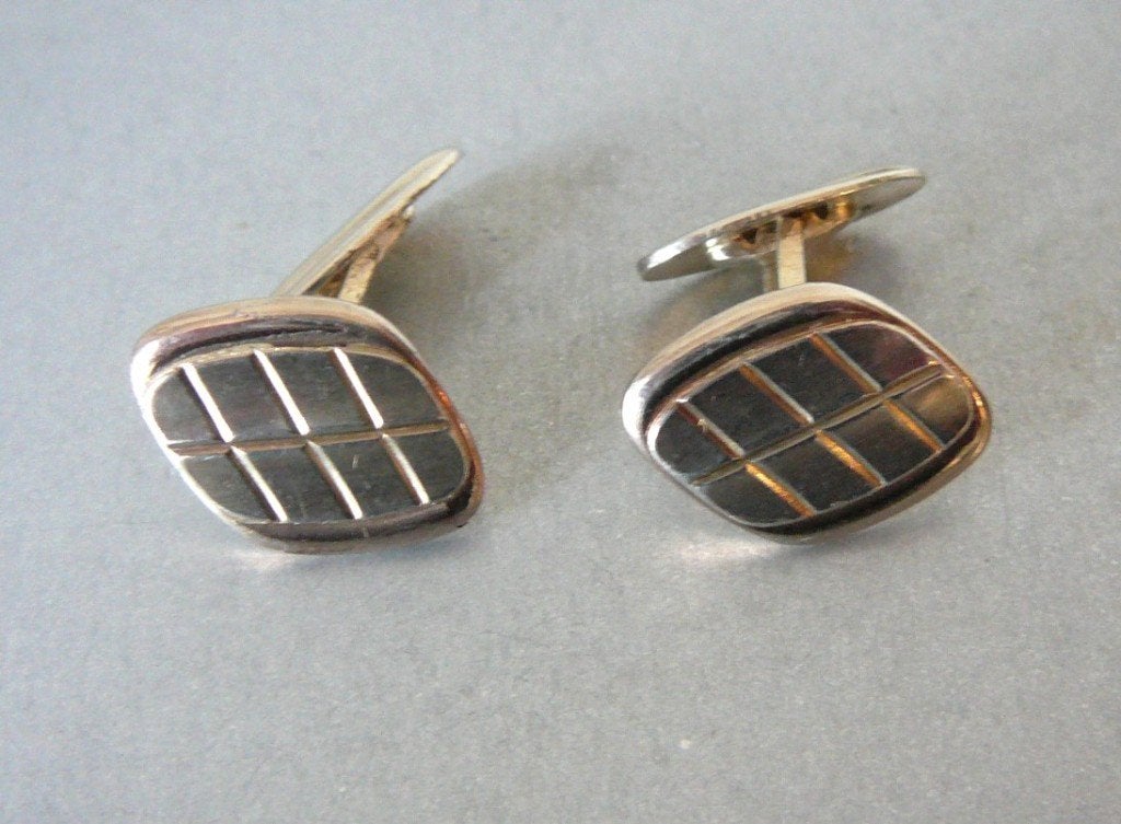 Vintage Zilveren Manchetknopen 835 met Geruit Patroon, Verzenden, Zilver, Manchetknopen