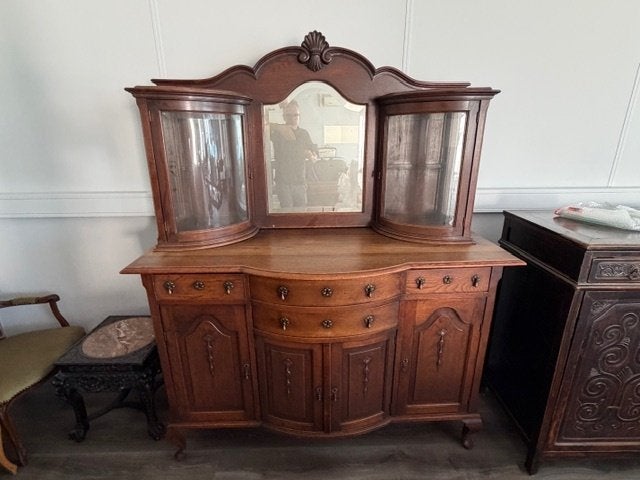 Antiek dressoir met spiegel en vitrinekasten Biedermeier, Antiek, Gebruikt, Met lade(s), 150 tot 200 cm