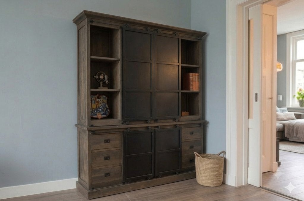 Teak vitrinekast 200 cm - Industrieel